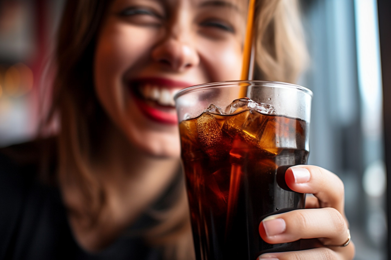 A picture of a cheerful woman enjoying a cola drink from a plastic cup with a straw in her home, food and drink at home image