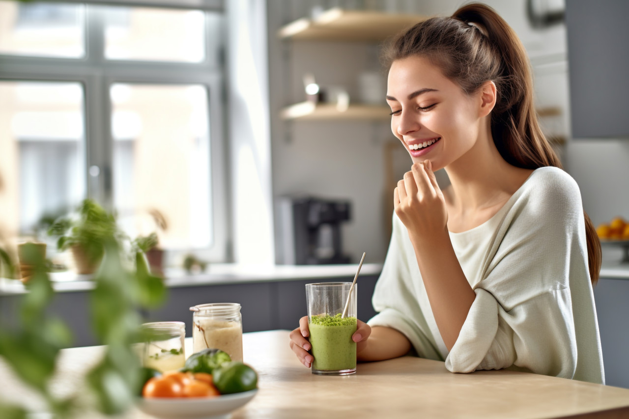 Picture of a young woman having a healthy green drink in the kitchen, food and drink at home image