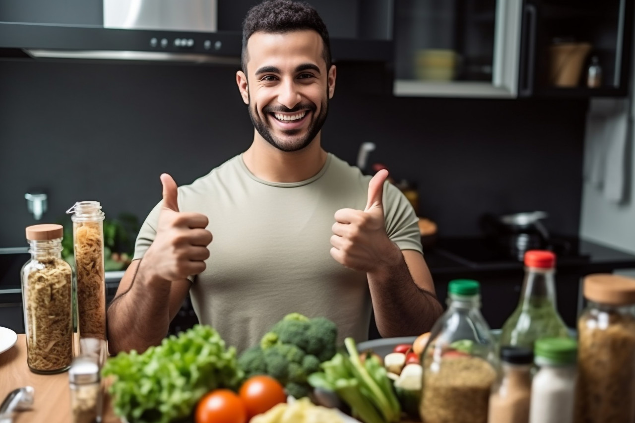A photo of a handsome fit young arab man in a kitchen offering healthy products that are high in protein and giving a thumbs up gesture, food and drink at home photo