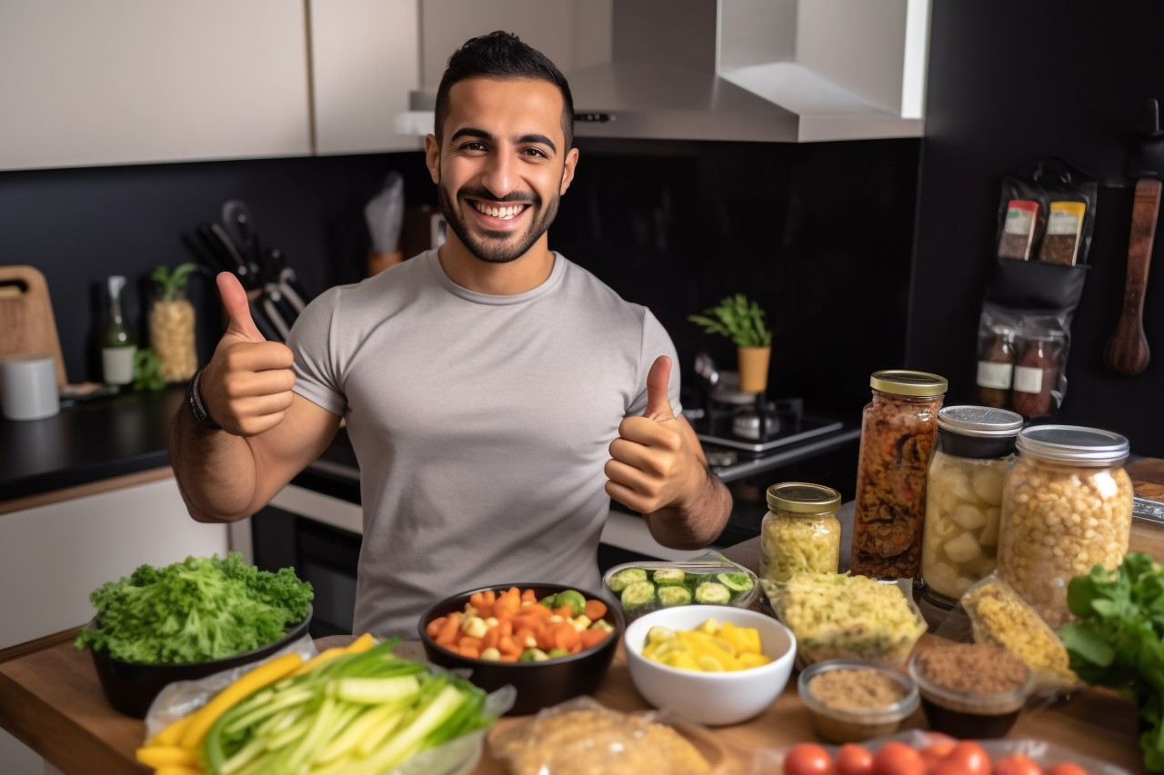 A photo of a handsome fit young arab man in a kitchen offering healthy products that are high in protein and giving a thumbs up gesture, food and drink at home photo