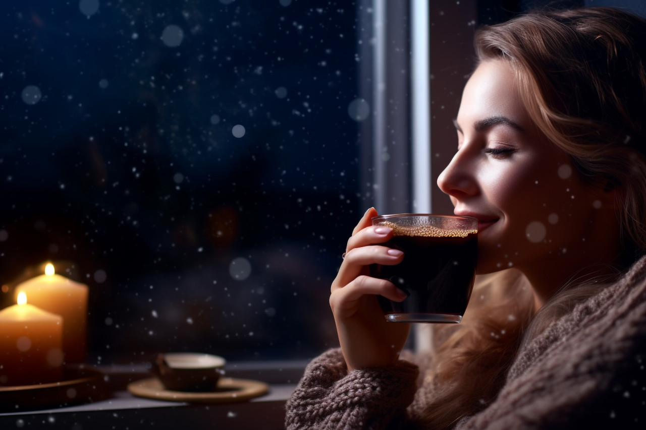 Picture of a calm woman enjoying the smell drink at home at night, food and drink at home photo