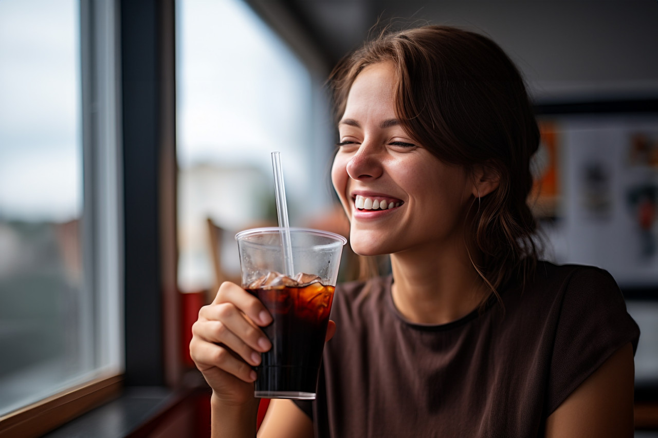 A picture of a cheerful woman enjoying a cola drink from a plastic cup with a straw in her home, food and drink at home image