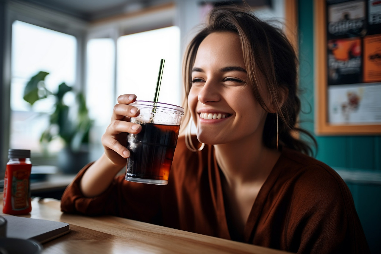 A picture of a cheerful woman enjoying a cola drink from a plastic cup with a straw in her home, food and drink at home image