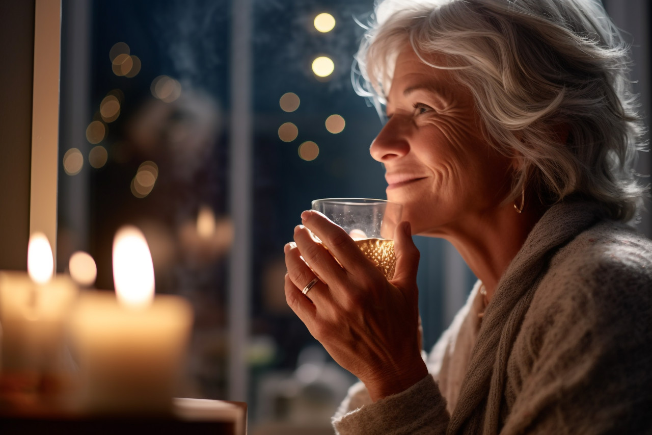 Picture of a calm woman enjoying the smell drink at home at night, food and drink at home photo