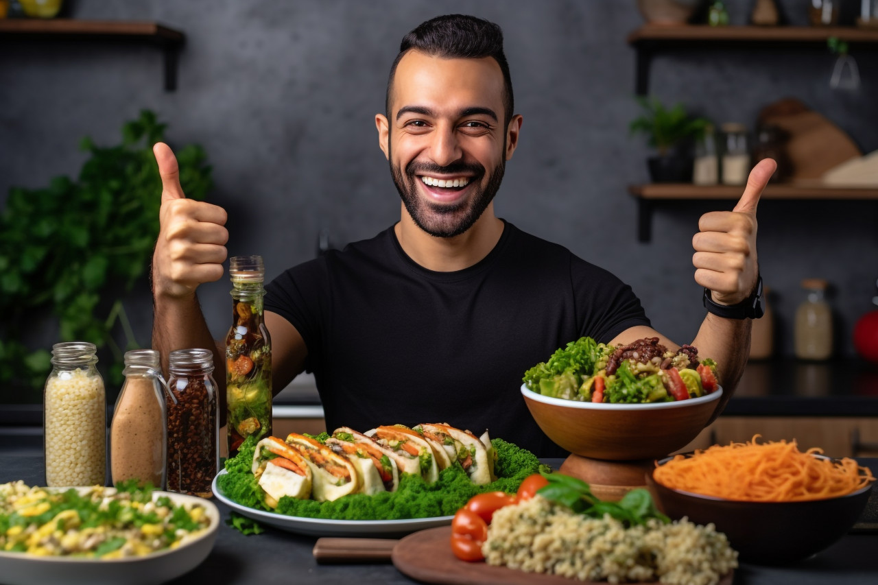 A photo of a handsome fit young arab man in a kitchen offering healthy products that are high in protein and giving a thumbs up gesture, food and drink at home photo