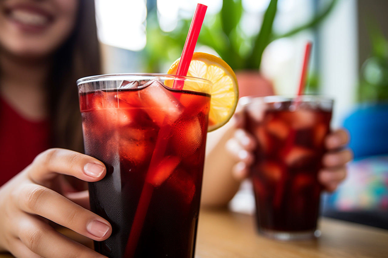 A picture of a cheerful woman enjoying a cola drink from a plastic cup with a straw in her home, food and drink at home image