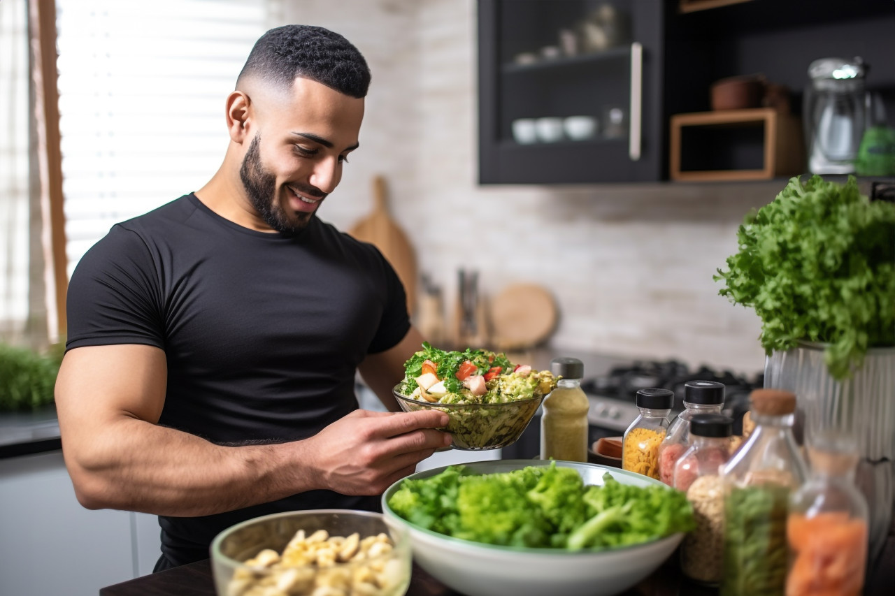 A photo of a handsome fit young arab man in a kitchen offering healthy products that are high in protein and giving a thumbs up gesture, food and drink at home photo