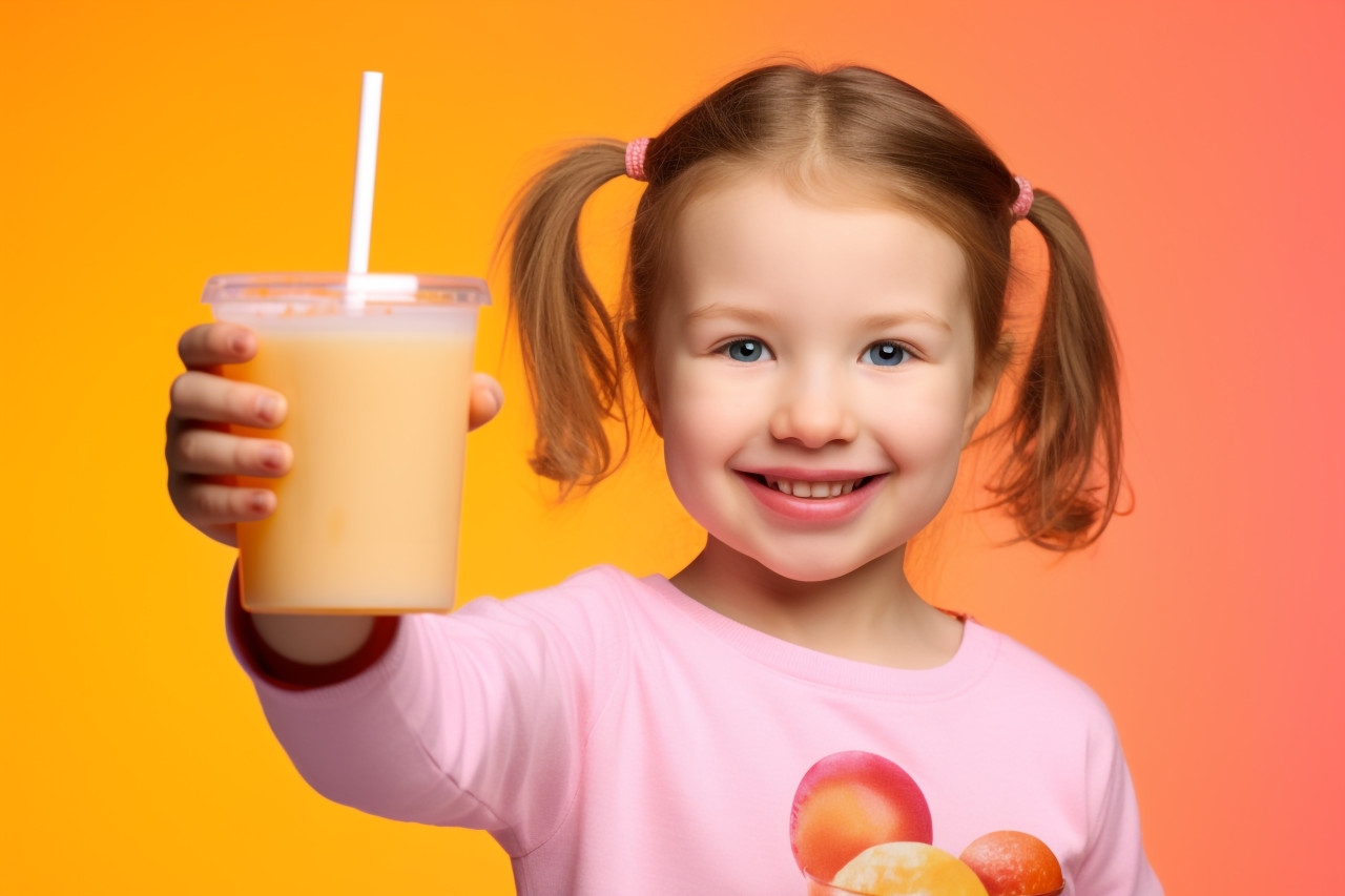 A picture of a young girl holding a glass of orange juice and pointing to an ad on a plain pink background, food and drink at home image
