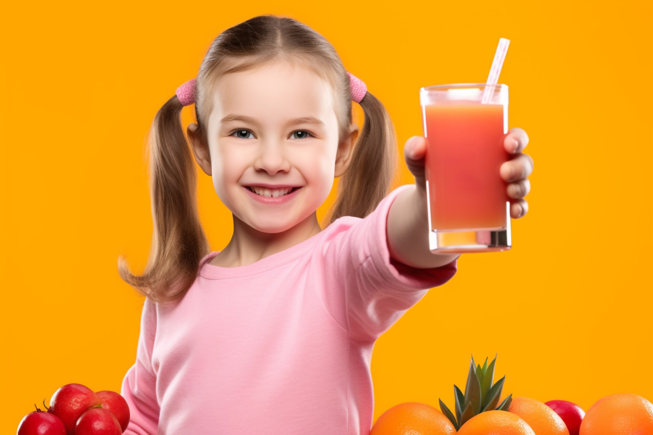 A picture of a young girl holding a glass of orange juice and pointing to an ad on a plain pink background, food and drink at home image