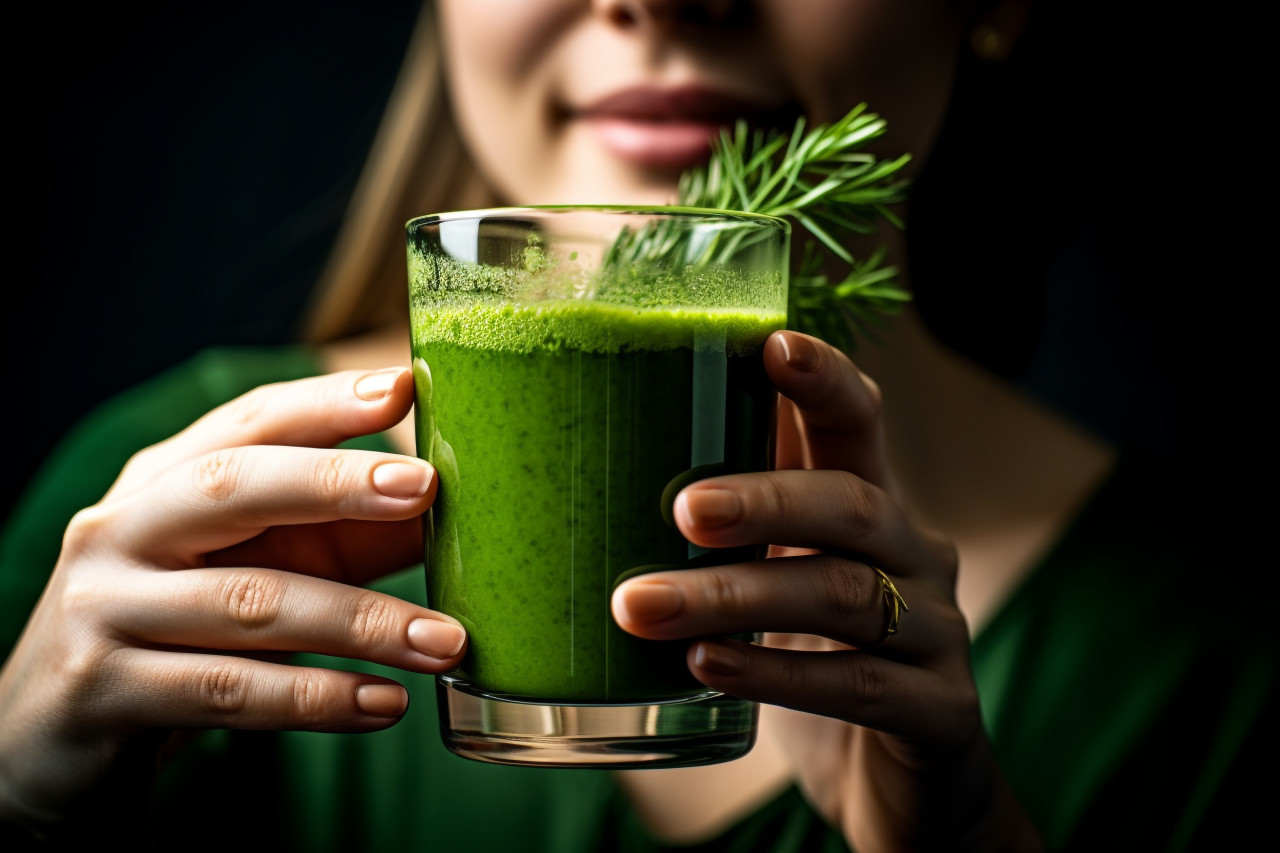 Photo of a woman pouring a green, food and drink at home image