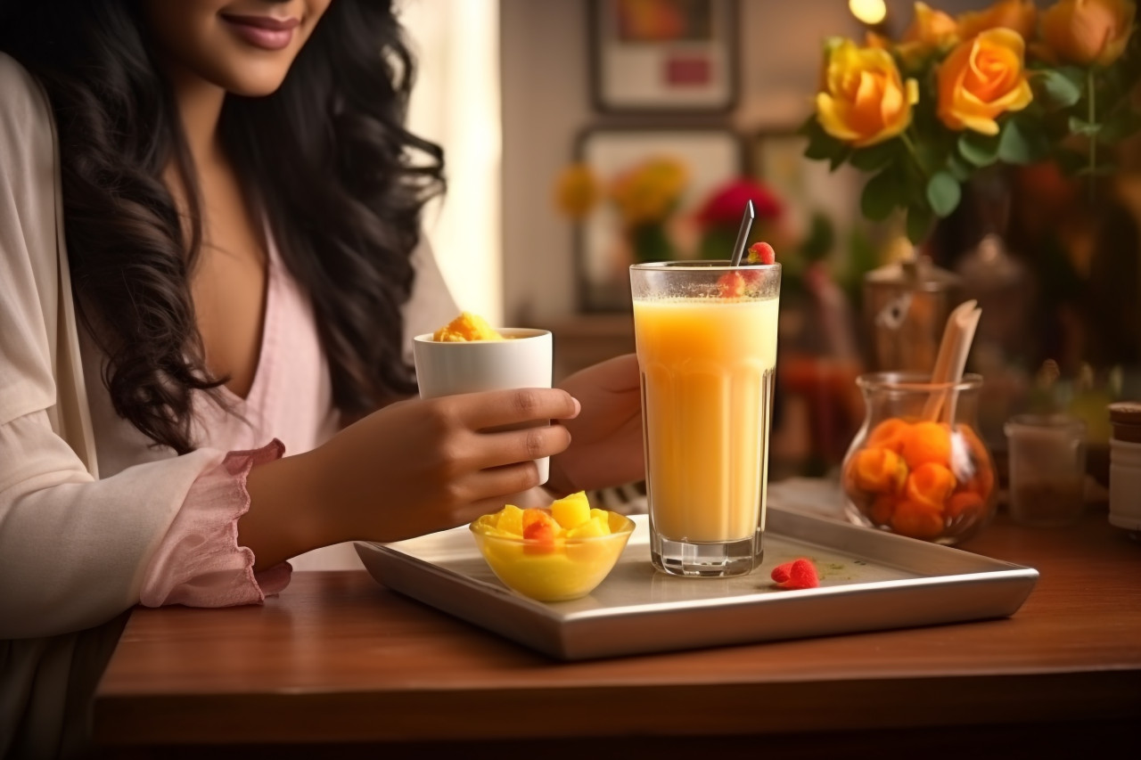 A photo of a young indian woman using a tablet and drinking orange juice in a living room, food and drink at home photo