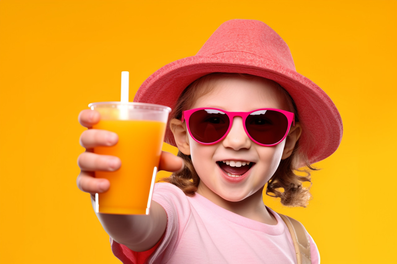A picture of a young girl holding a glass of orange juice and pointing to an ad on a plain pink background, food and drink at home image