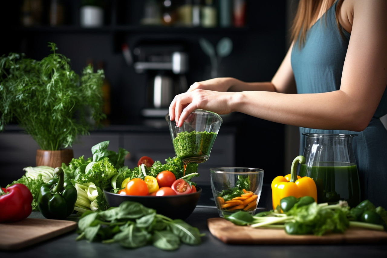 Photo of a woman pouring a green, food and drink at home image