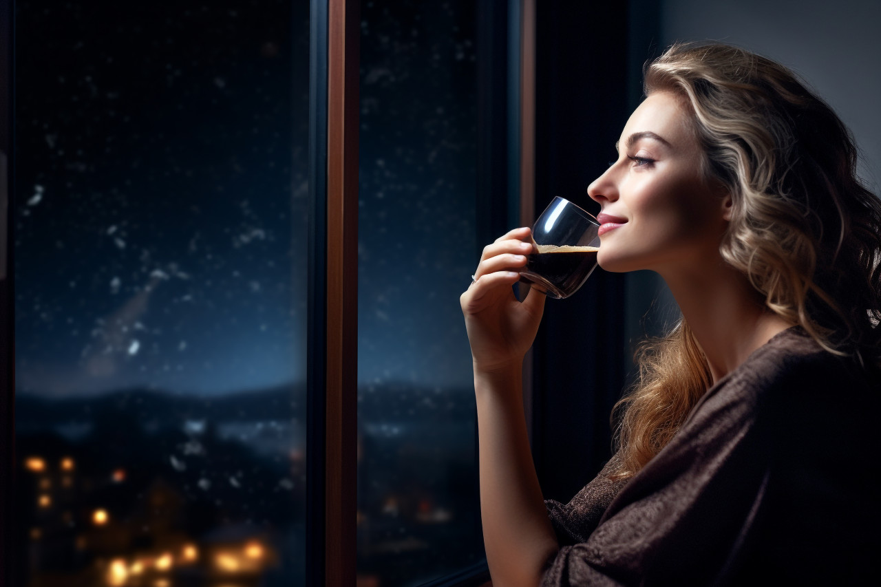 Picture of a calm woman enjoying the smell drink at home at night, food and drink at home photo