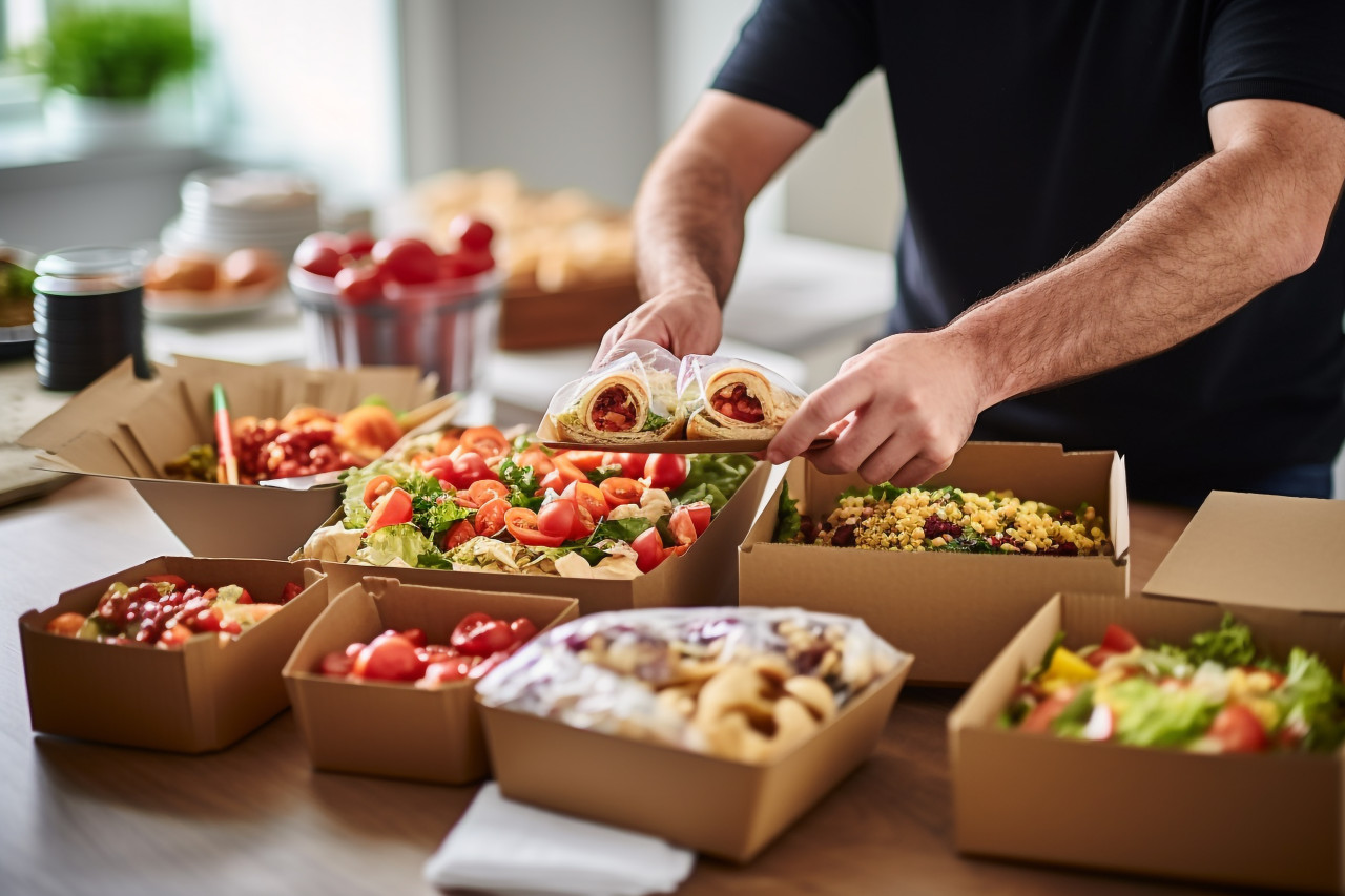 A picture of a happy man opening food he took home from a restaurant, food and drink at home image