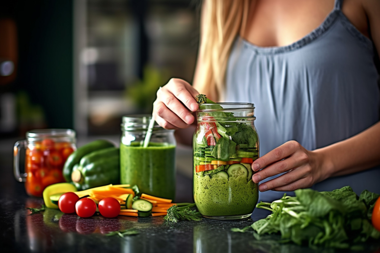 Photo of a woman pouring a green, food and drink at home image