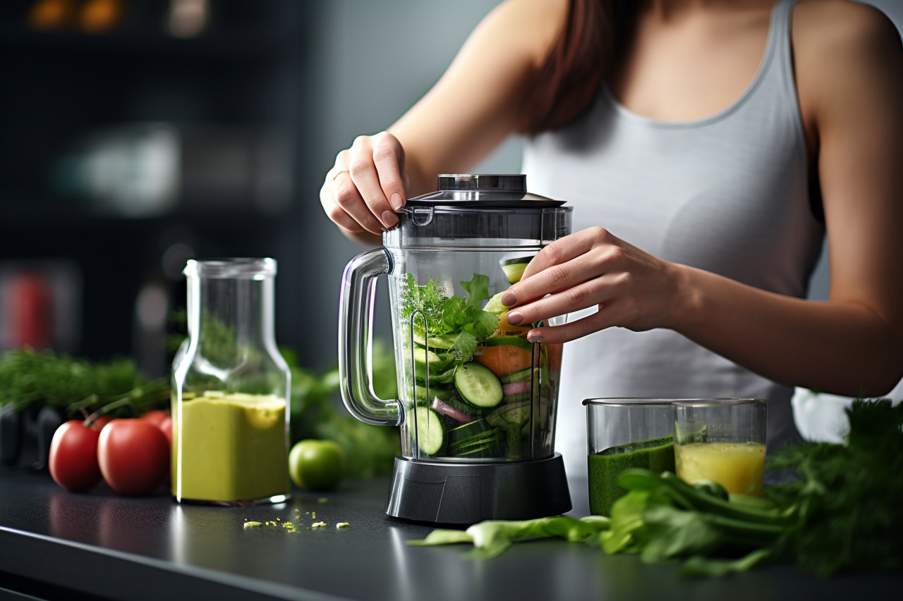 Photo of a woman pouring a green, food and drink at home image