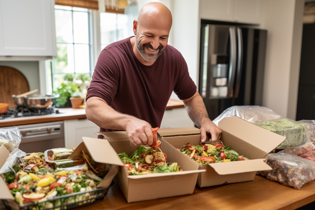 A picture of a happy man opening food he took home from a restaurant, food and drink at home photo