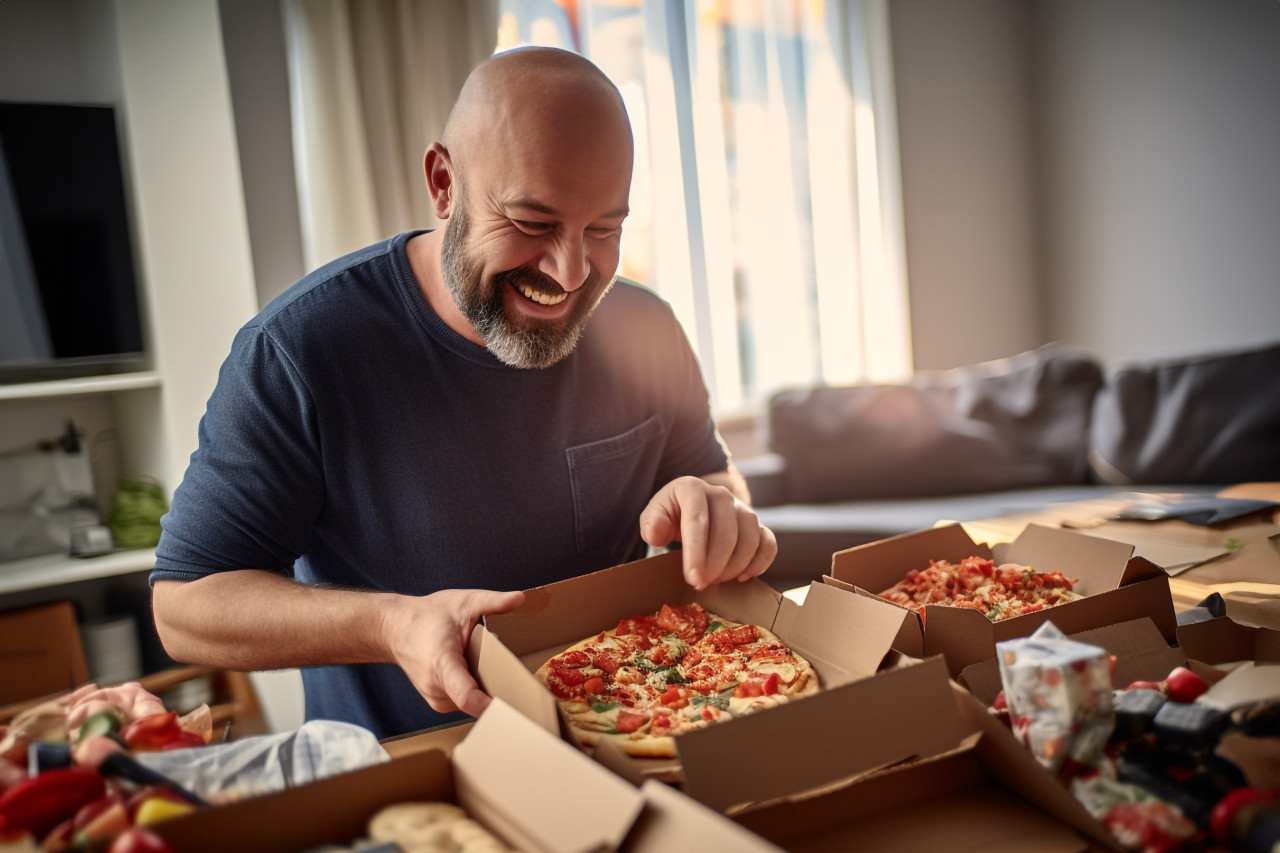 A picture of a happy man opening food he took home from a restaurant, food and drink at home image