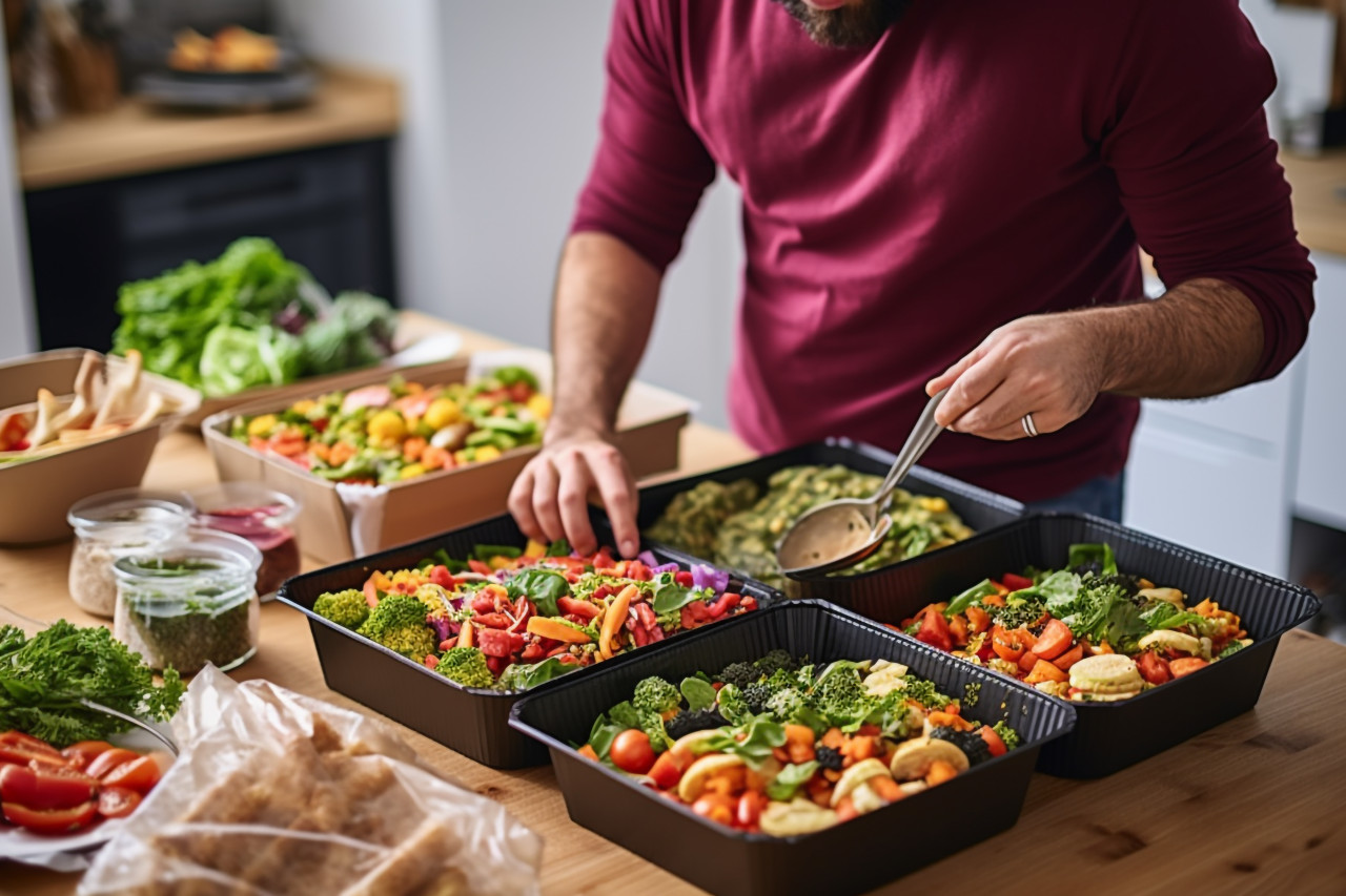 A picture of a happy man opening food he took home from a restaurant, food and drink at home photo