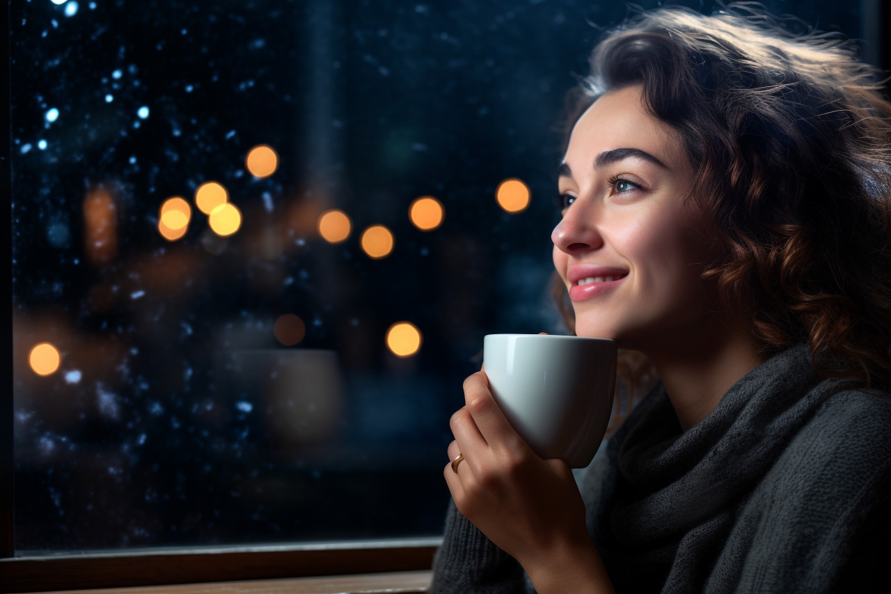 Picture of a calm woman enjoying the smell drink at home at night, food and drink at home photo