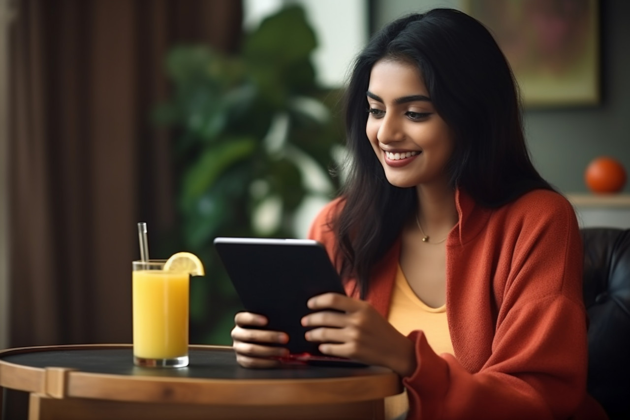 A photo of a young indian woman using a tablet and drinking orange juice in a living room, food and drink at home photo