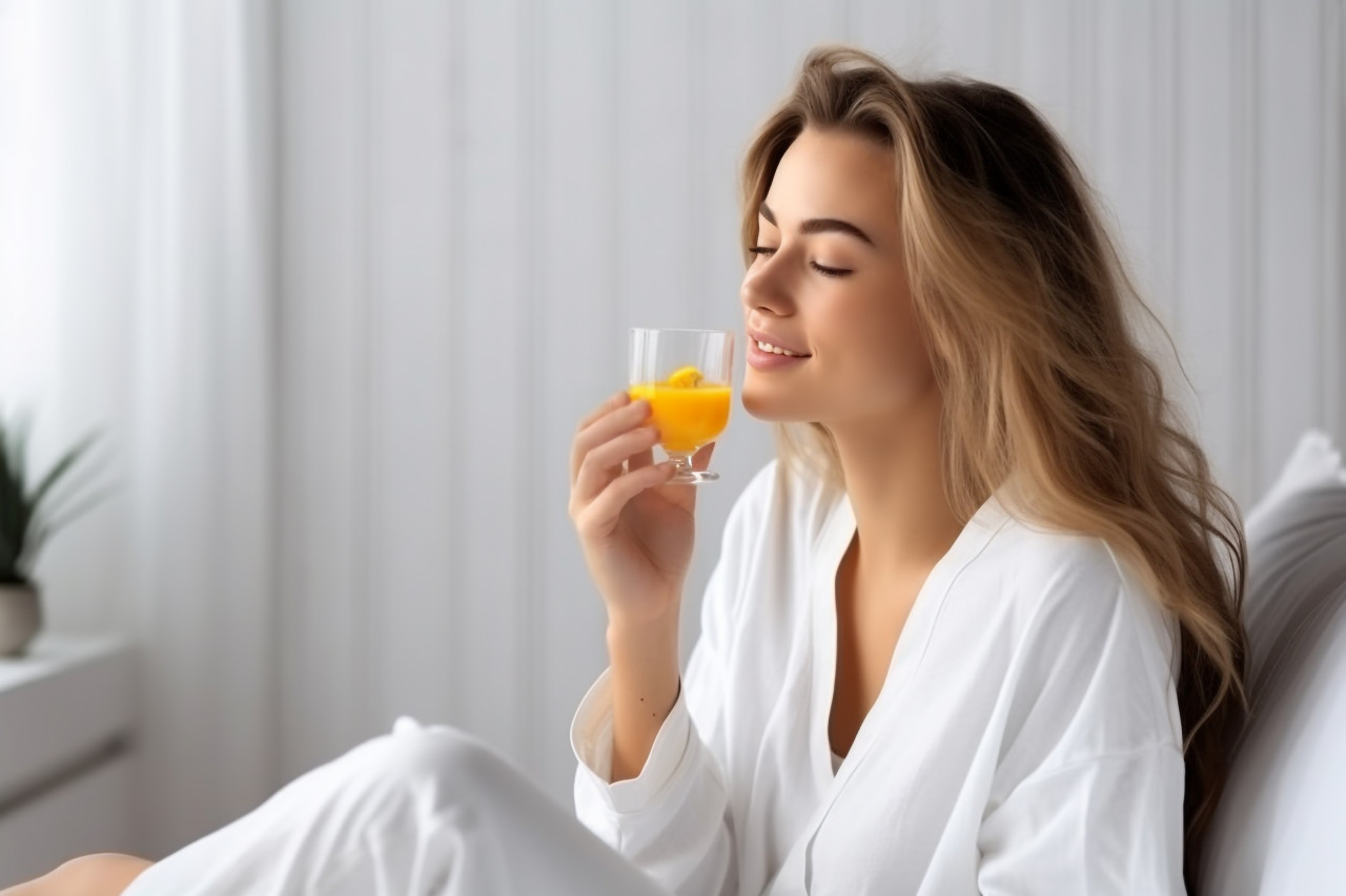 A photo of a young woman in a white shirt pajama lying in bed eating breakfast drinking orange juice and relaxing in her bedroom or hotel room she is in a good mood and lost in thought dreaming of the day ahead, food and drink at home image