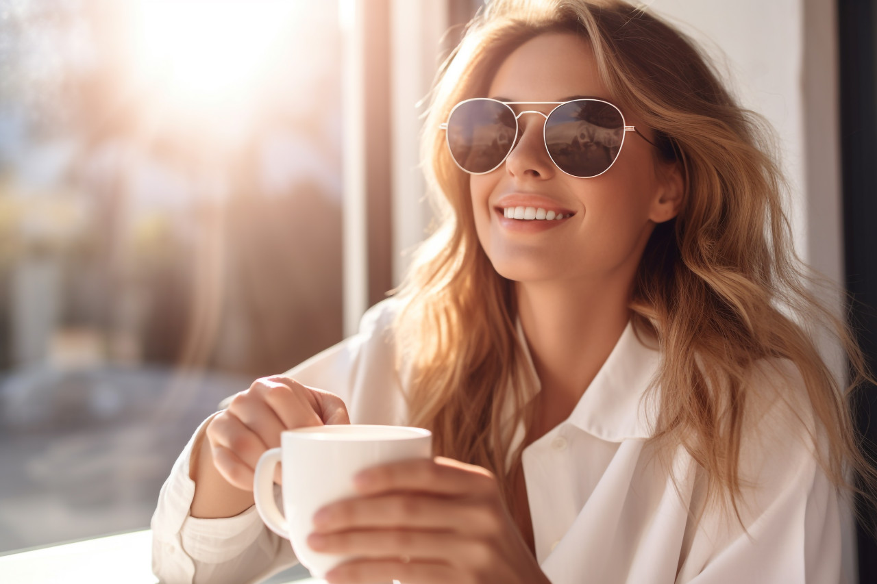 A picture of a woman sitting outside in the sunlight drinking coffee and enjoying her morning, food and drink at home photo