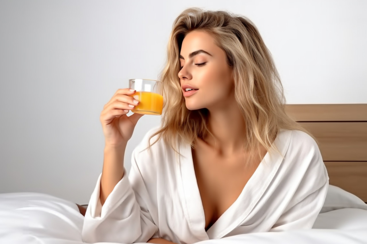 A photo of a young woman in a white shirt pajama lying in bed eating breakfast drinking orange juice and relaxing in her bedroom or hotel room she is in a good mood and lost in thought dreaming of the day ahead, food and drink at home image