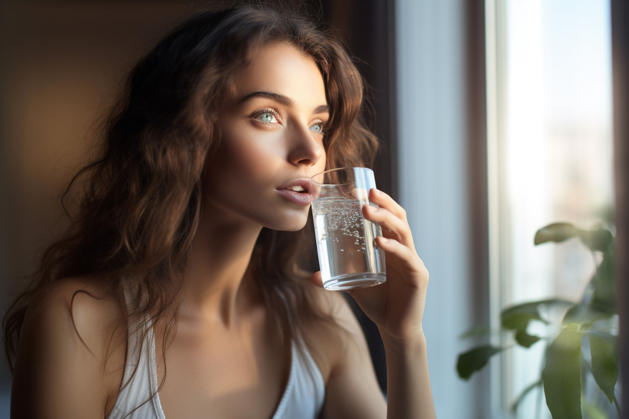 A photo of a young woman drinking water from a glass on a table to refresh herself and stay healthy, food and drink at home image