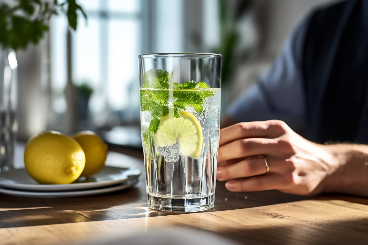 A photo of a young woman drinking water from a glass on a table to refresh herself and stay healthy, food and drink at home image