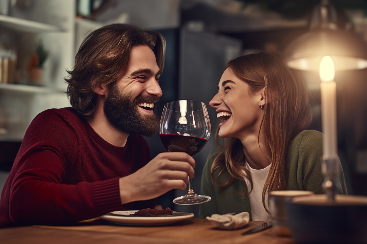 A photo of a young and happy couple clinking glasses of red wine while having dinner at home with their family, food and drink at home photo