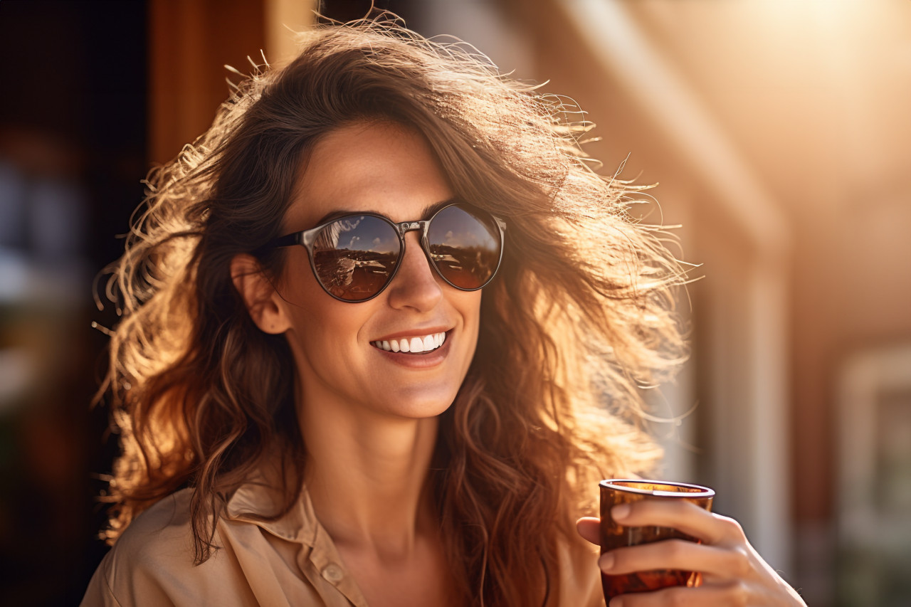 A picture of a woman sitting outside in the sunlight drinking coffee and enjoying her morning, food and drink at home photo