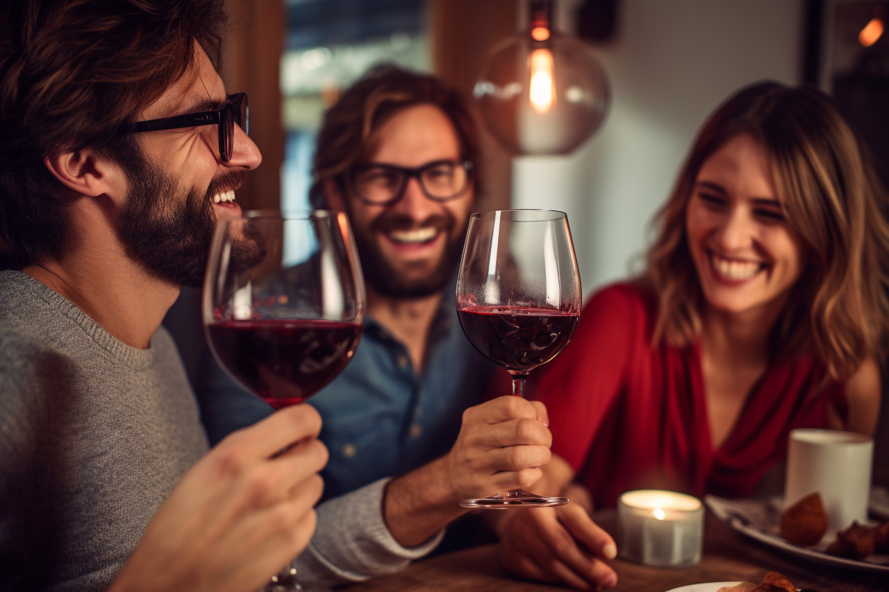 A photo of a young and happy couple clinking glasses of red wine while having dinner at home with their family, food and drink at home photo