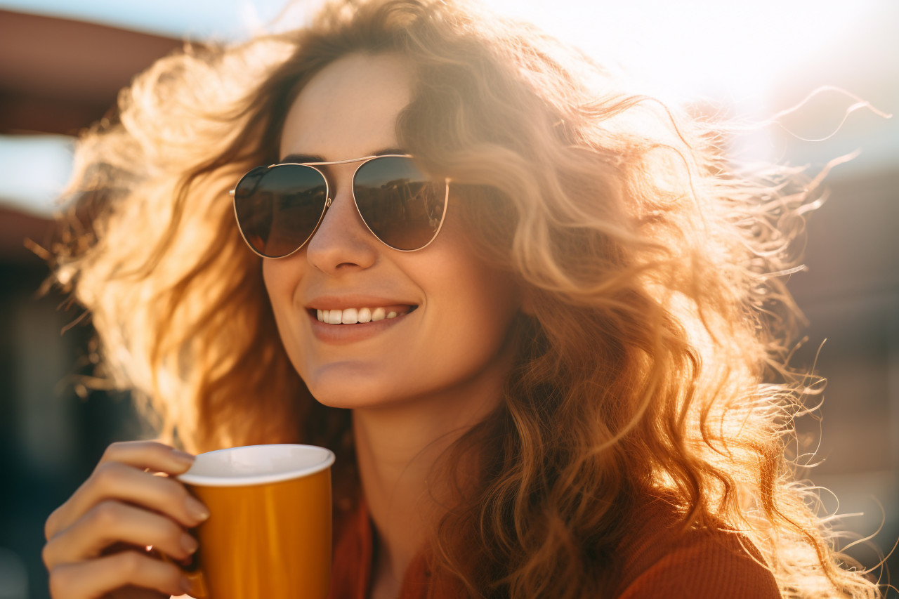 A picture of a woman sitting outside in the sunlight drinking coffee and enjoying her morning, food and drink at home photo
