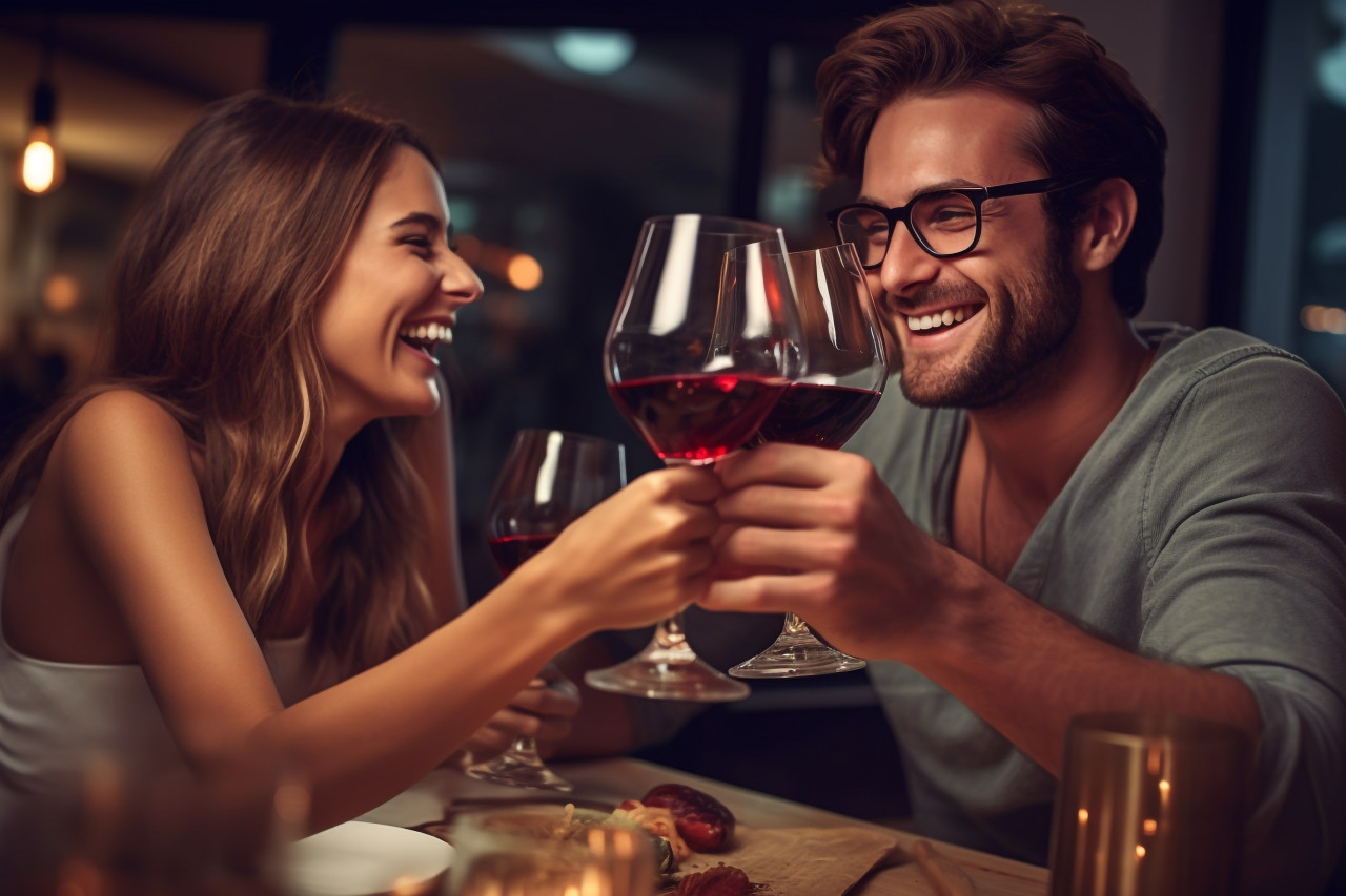 A photo of a young and happy couple clinking glasses of red wine while having dinner at home with their family, food and drink at home photo