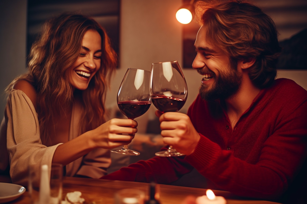 A photo of a young and happy couple clinking glasses of red wine while having dinner at home with their family, food and drink at home photo