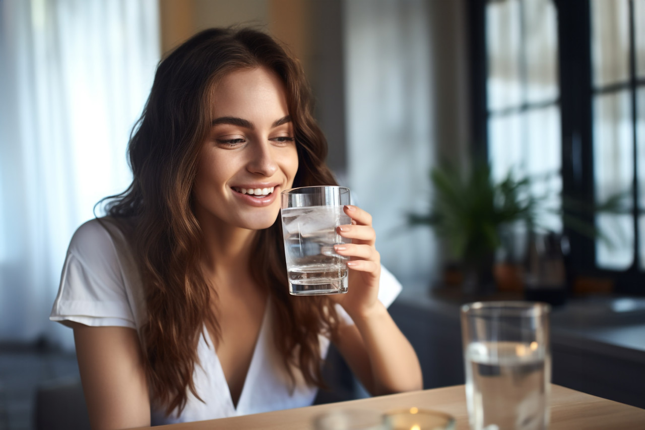 A photo of a young woman drinking water from a glass on a table to refresh herself and stay healthy, food and drink at home image