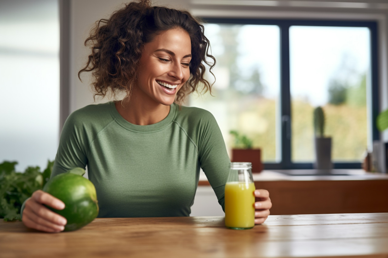A photo of a woman drinking a green juice she made at home, food and drink at home image