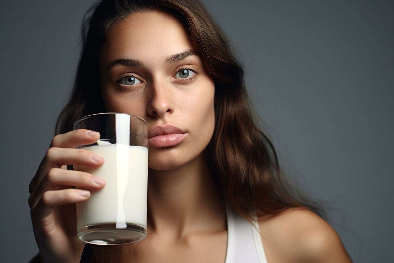 A picture of a young woman drinking milk, food and drink at home photo