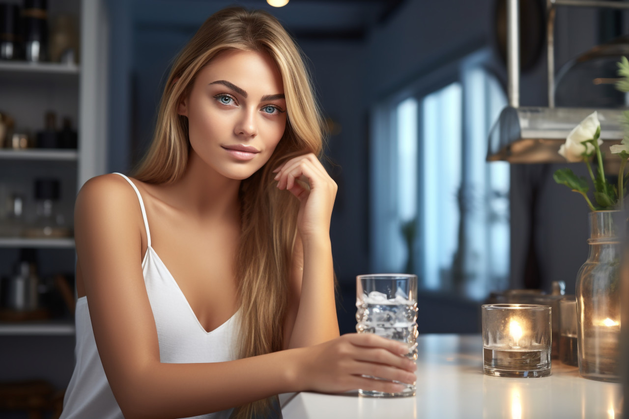 A picture of a pretty young woman holding a glass of water in a kitchen, food and drink at home photo