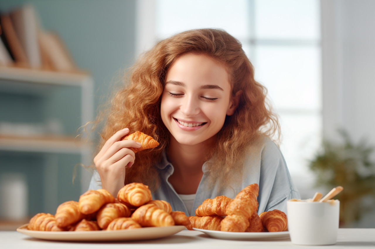 A picture of a pretty girl eating croissants in a well lit room, food and drink at home photo
