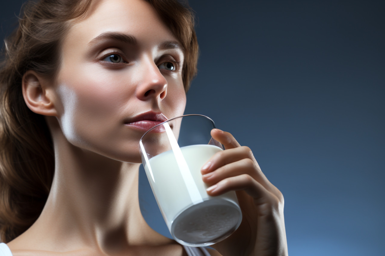 A picture of a young woman drinking milk, food and drink at home photo