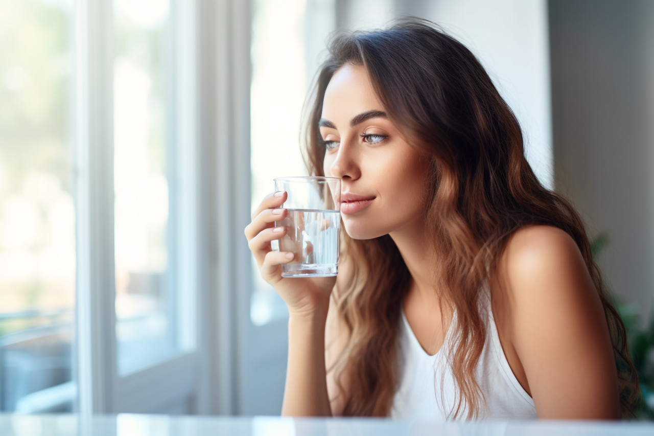 A photo of a young woman drinking water from a glass on a table to refresh herself and stay healthy, food and drink at home image