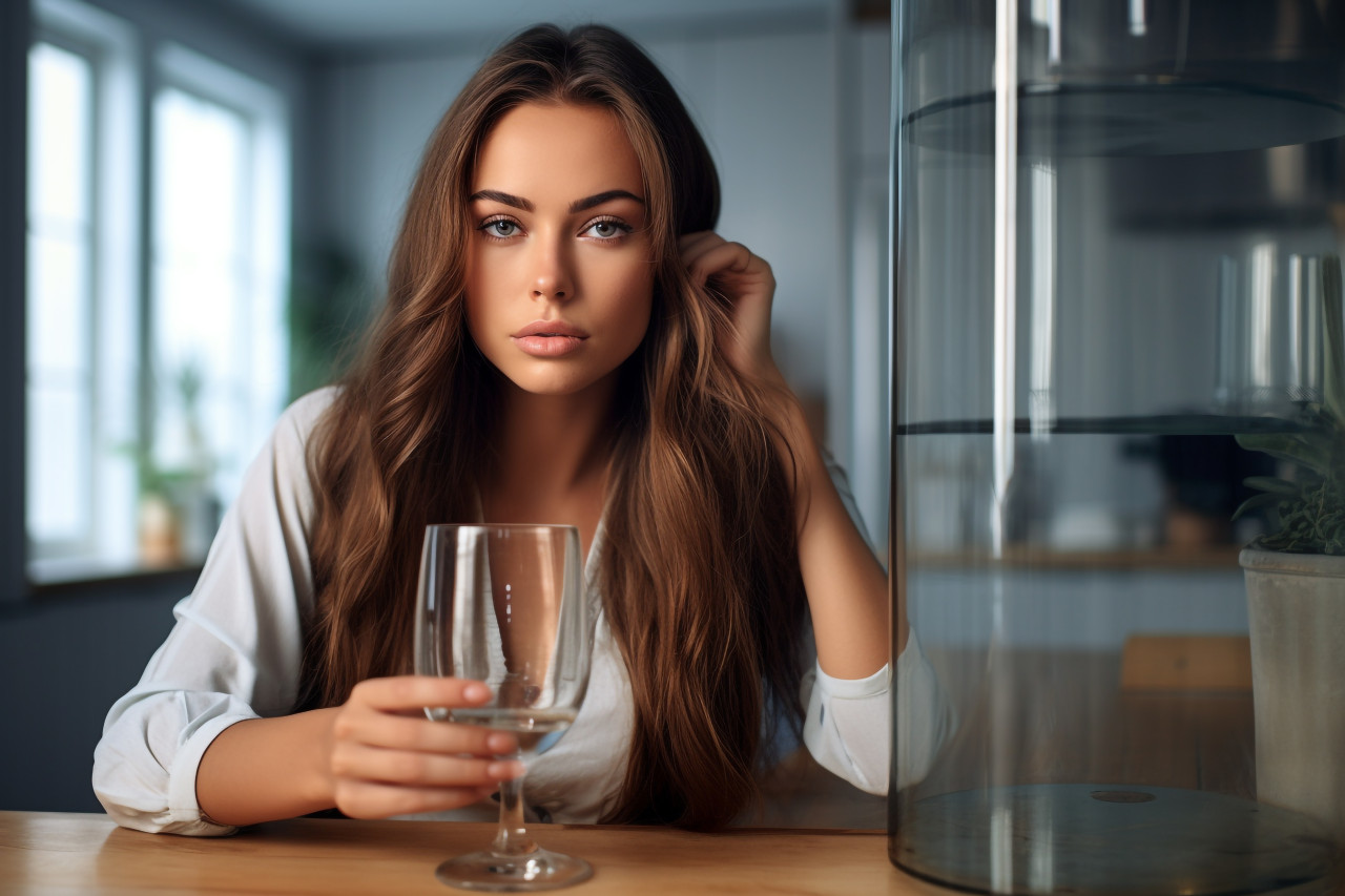 A picture of a pretty young woman holding a glass of water in a kitchen, food and drink at home photo