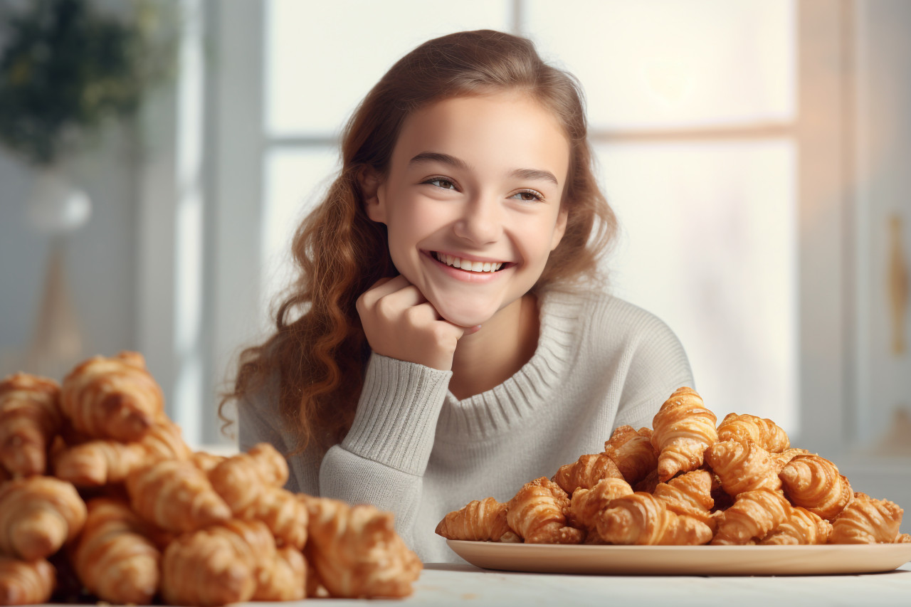 A picture of a pretty girl eating croissants in a well lit room, food and drink at home photo