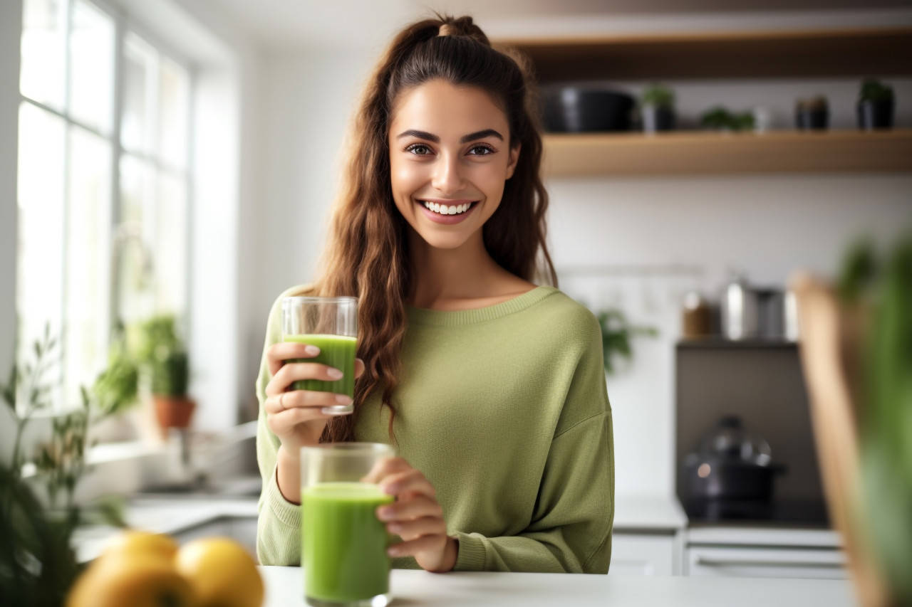 Picture of a joyful young woman in the kitchen with a glass of detox juice, food and drink at home image