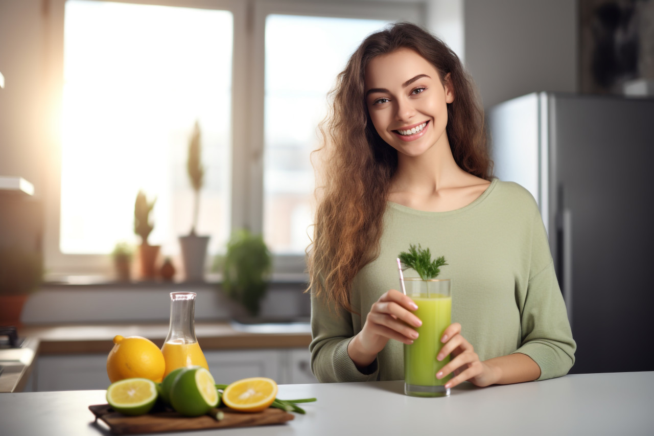Picture of a joyful young woman in the kitchen with a glass of detox juice, food and drink at home image