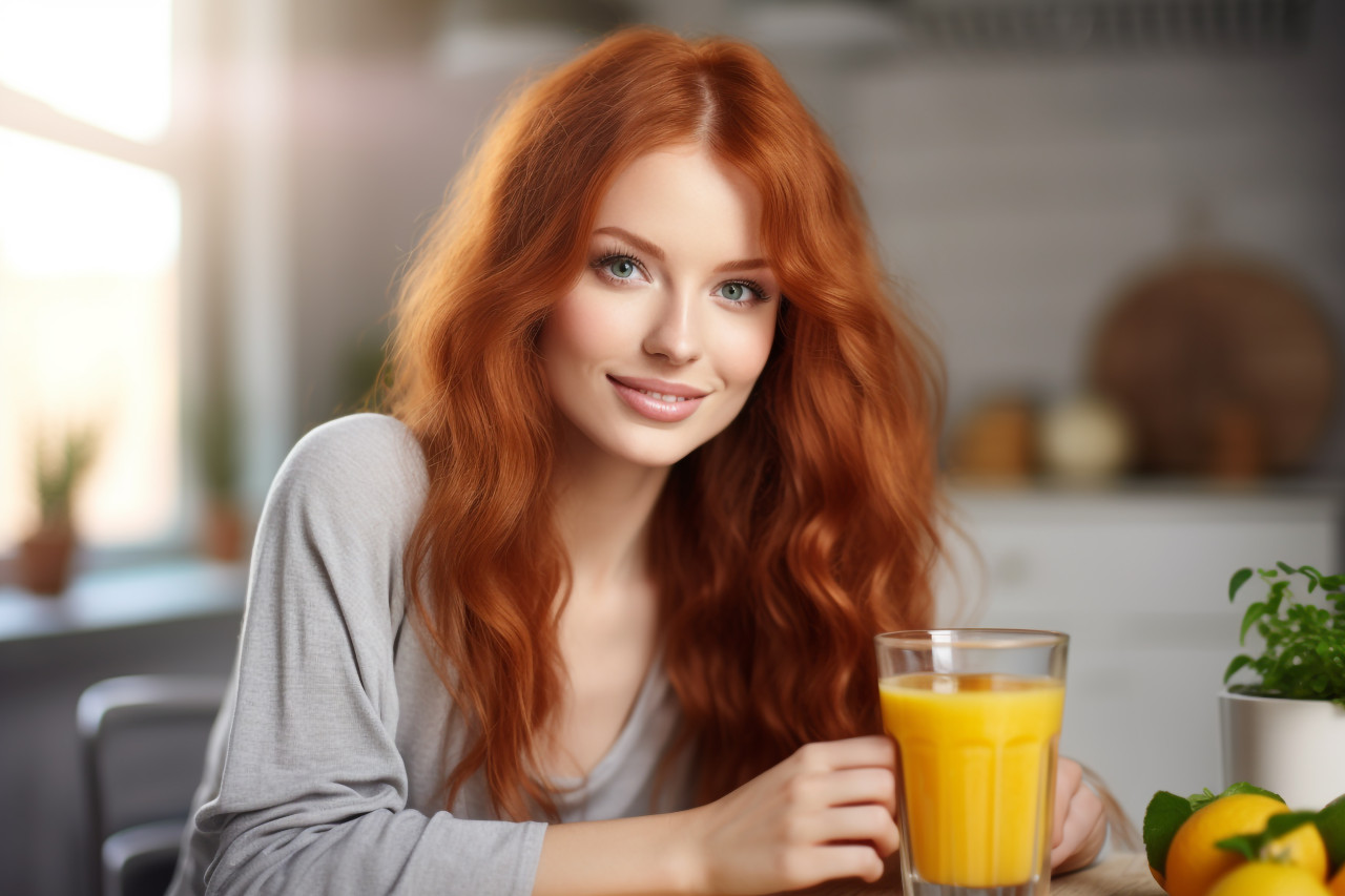 A picture of a pretty red haired woman having lunch and drinking juice in her kitchen, food and drink at home image