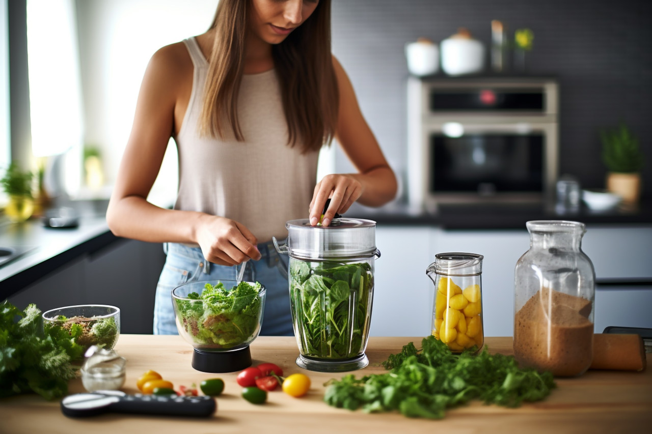 Picture of a young woman making a healthy green drink in the kitchen, food and drink at home image